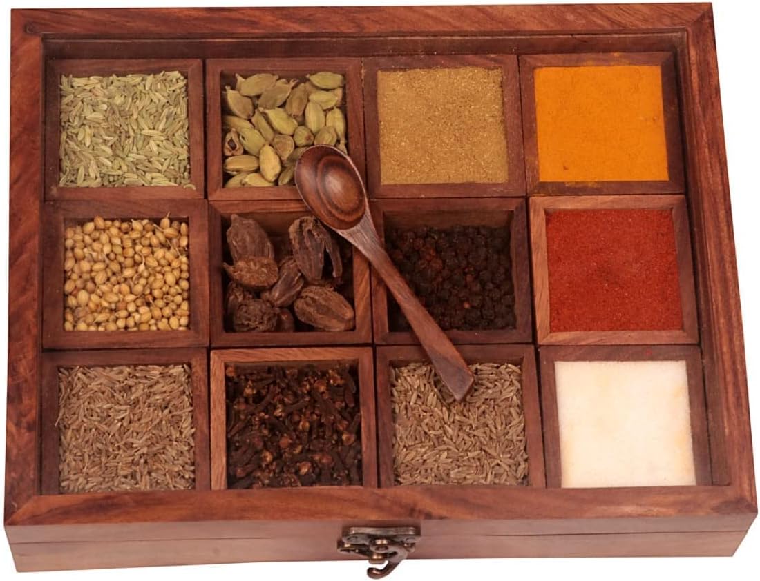 Moon Craft Handcrafted Wooden Spice Box For Kitchen - Spice Box For Kitchen Indian Wood Container With Lid And Spoon - 12 Container - Brown