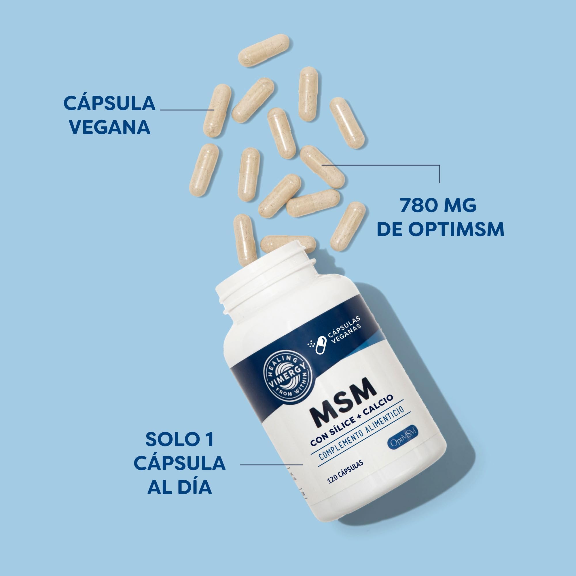 Vimergy MSM 780 mg – 120 Cápsulas – MSM Cápsulas con Calcio y Sílice - Cápsula Vegana sin Gelificantes – Sin OMG, Gluten ni Gelatina - Kosher