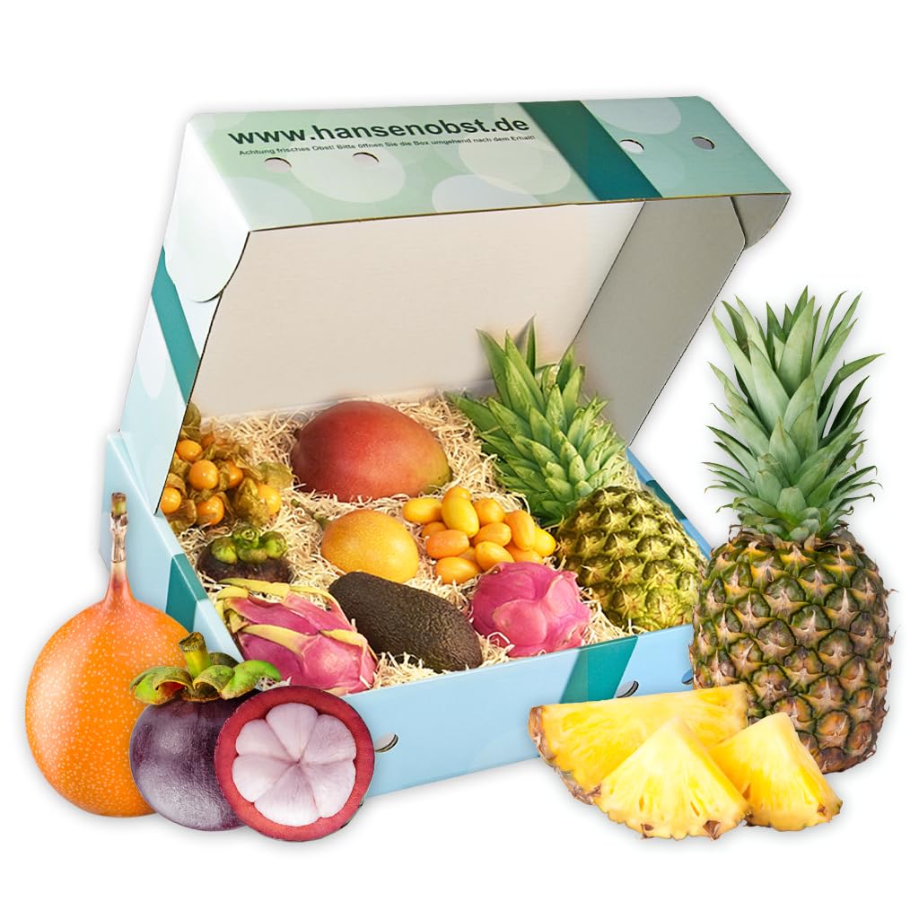 Hansen Obst Geschenkbox "Exotisches Paradies" mit Geschenkverpackung "Die Aquamarine" - Geschenk mit frischem Obst - Obstbox - exotische Früchte