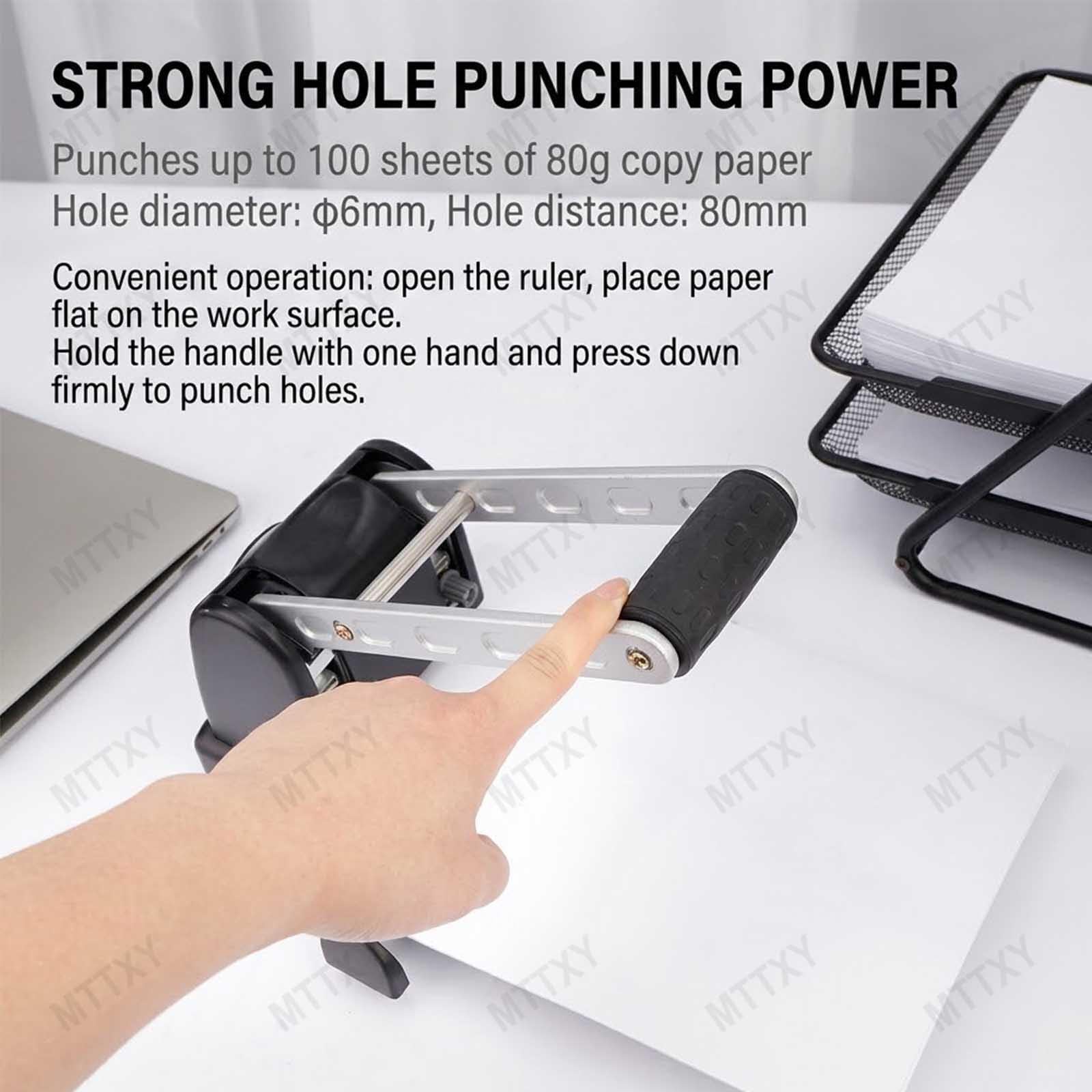 Perforatrice per ufficio resistente, Capacità 100 fogli, Perforatore a 2 fori, Distanza fori 80mm, Guida regolabile, Ergonomica per carta A4, Nero