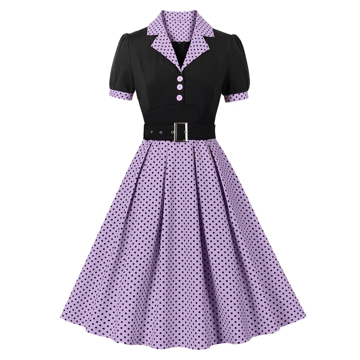 ODIZLI Robe rétro années 1950 pour femme, manches courtes, revers cranté, rayures à pois, robe de cocktail avec ceinture