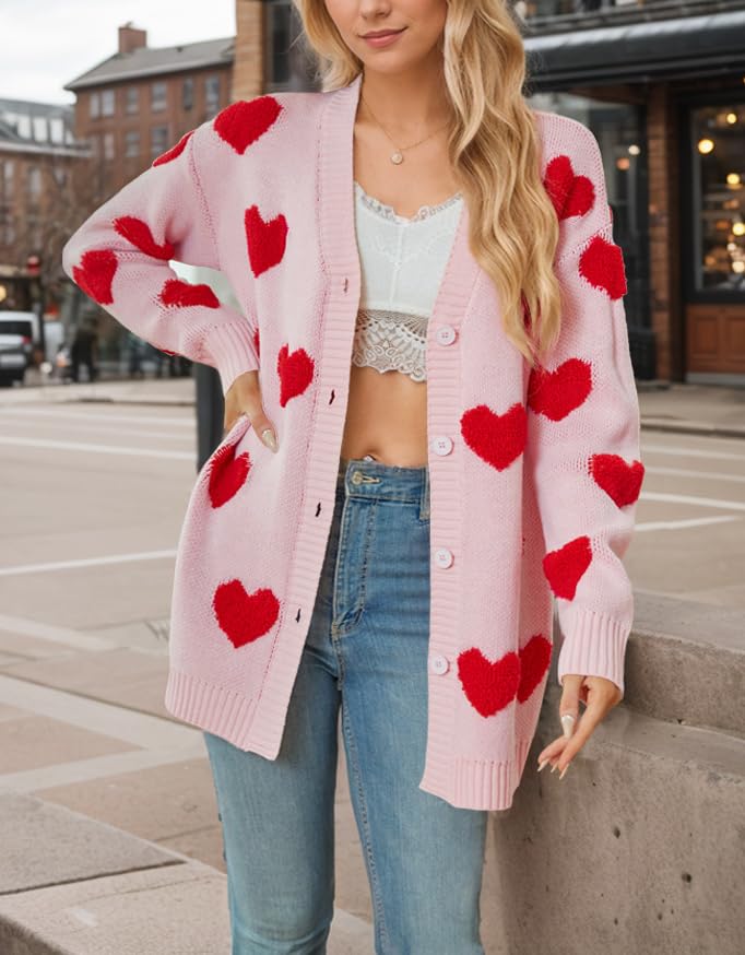 Image of Women Love Heart Graphic Oversized Sweaters Valentine Cute Cardigan Open Front Button Kawaii Preppy Aesthetic Clothes