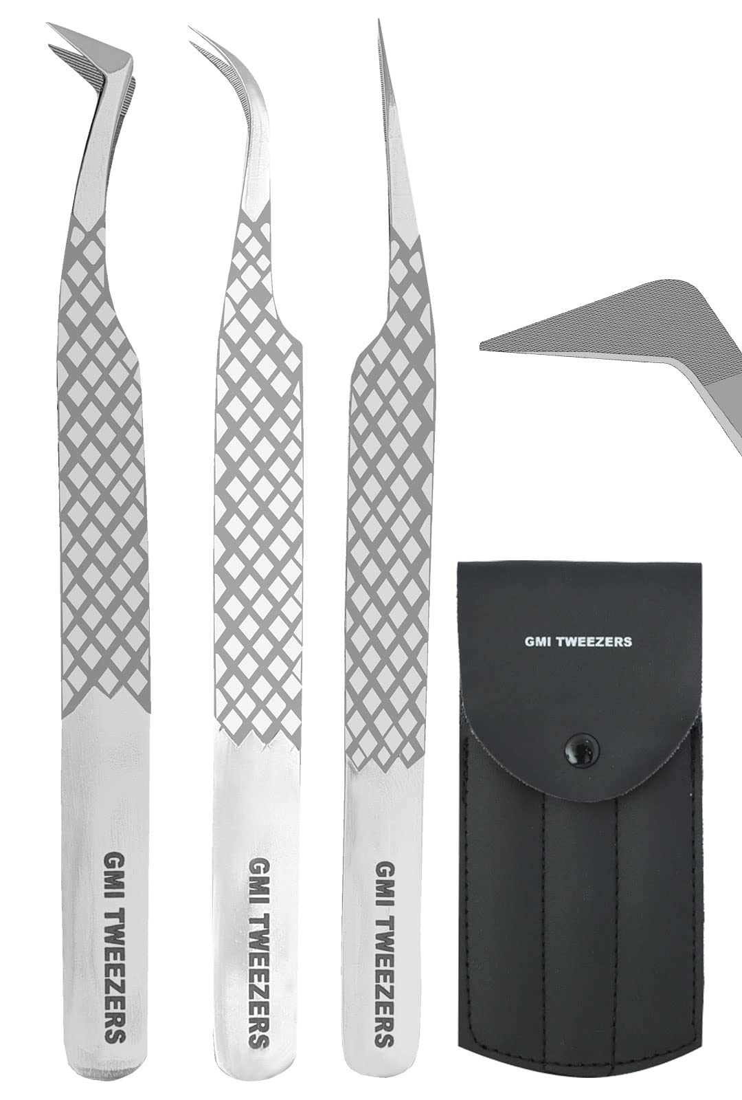 GMI TWEEZERS Lash Tweezers - Pack of 3 Fibre Tip Eyelash Extension Tweezers - Stainless Steel