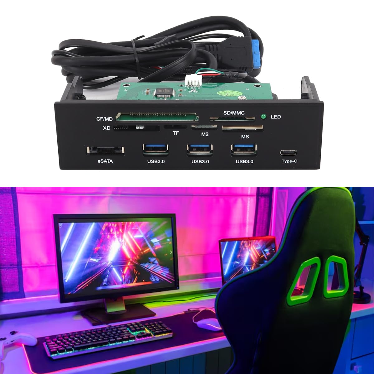 Lecteur de cartes interne en façade, écran multifonction de 5,25 pouces, compatible USB 3.0, USB 3.1, eSATA M2 + SD MS XD CF TF