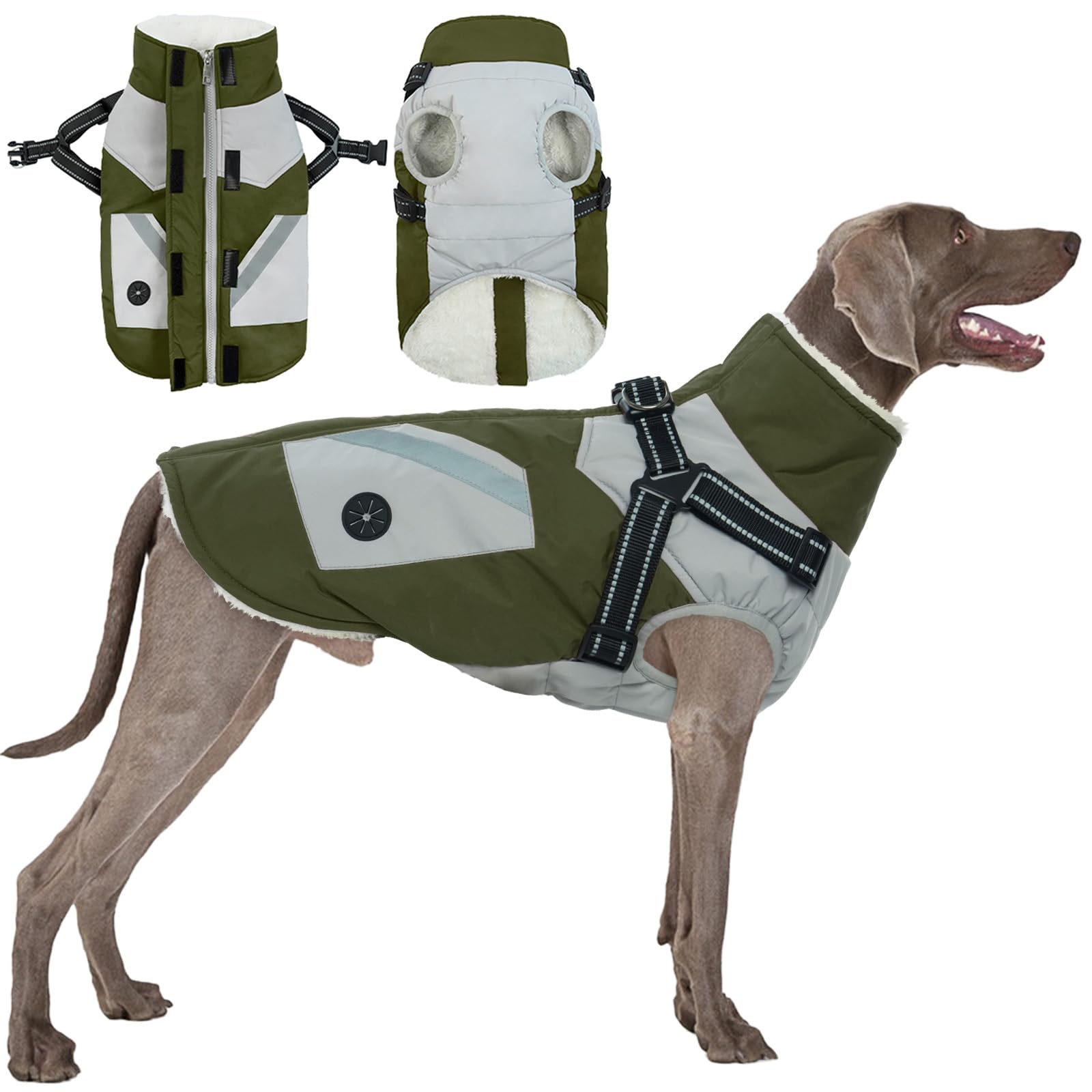 Large Dog Coat, Winter Coat with Harness Waterproof Jacket with Built-In Harness Dog Outerwear Keeps Pets Warm and Dry in Cold and Wet Weather(Army green, 2XL) — image 1