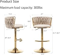 Vista 3 de Velvet Bar Stools Set of 2, Counter Height Bar Chairs with Low Back, Gold Swivel Bar Stools for Kitchen Island, Bar Pub (Beige)