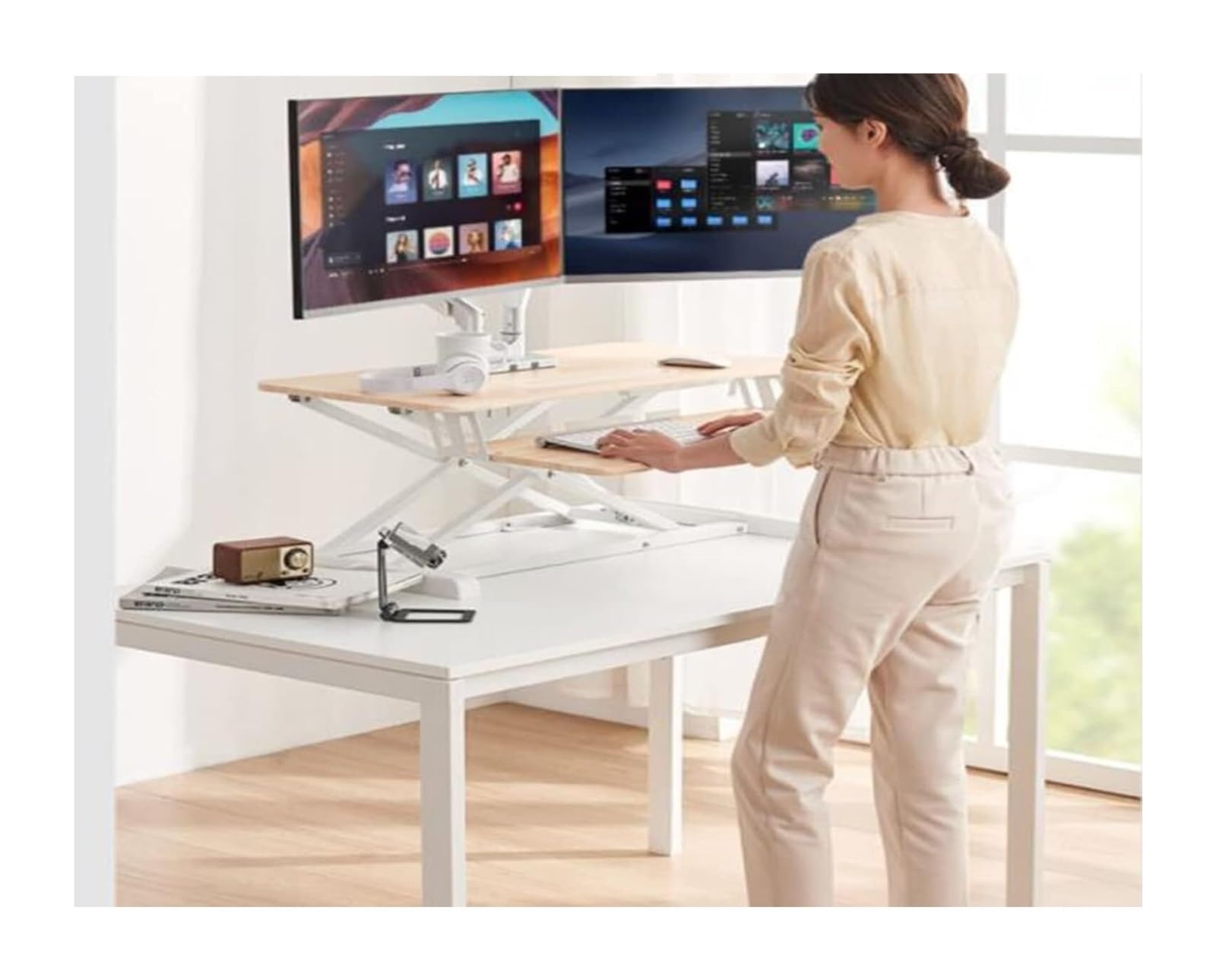 Convertisseur de Bureau, Convertisseur de Bureau Assis-Debout 40 x 80 cm, réglable, Compatible avec Deux écrans d'ordinateur Portable 5,1 à 20 Pouces, Couleur érable