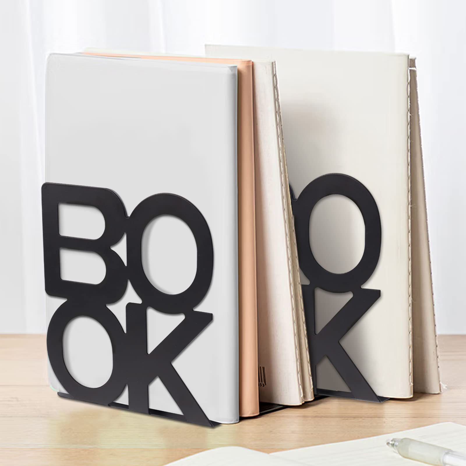 Swpeet 2Pcs Decorative Heavy Duty Metal Book Ends Supports, Unique Appearance Design Perfect for Bookrack Desk Black Non-Skid Bookend,Book Holder Stopper for Shelf Office Home