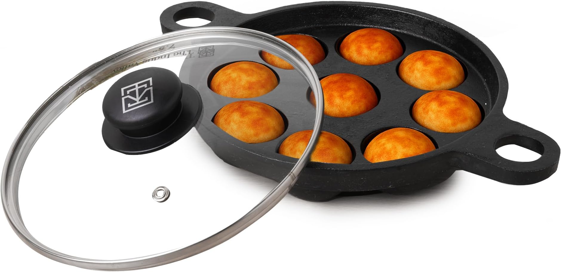 Super Smooth Cast Iron Paniyaram Pan with Glass Lid | 9 Pit, 20.8cm/8.2inch, 2.7kg, Gas Compatible | Pre-Seasoned, 100% Toxin-Free, Naturally Non-Stick, Long Lasting