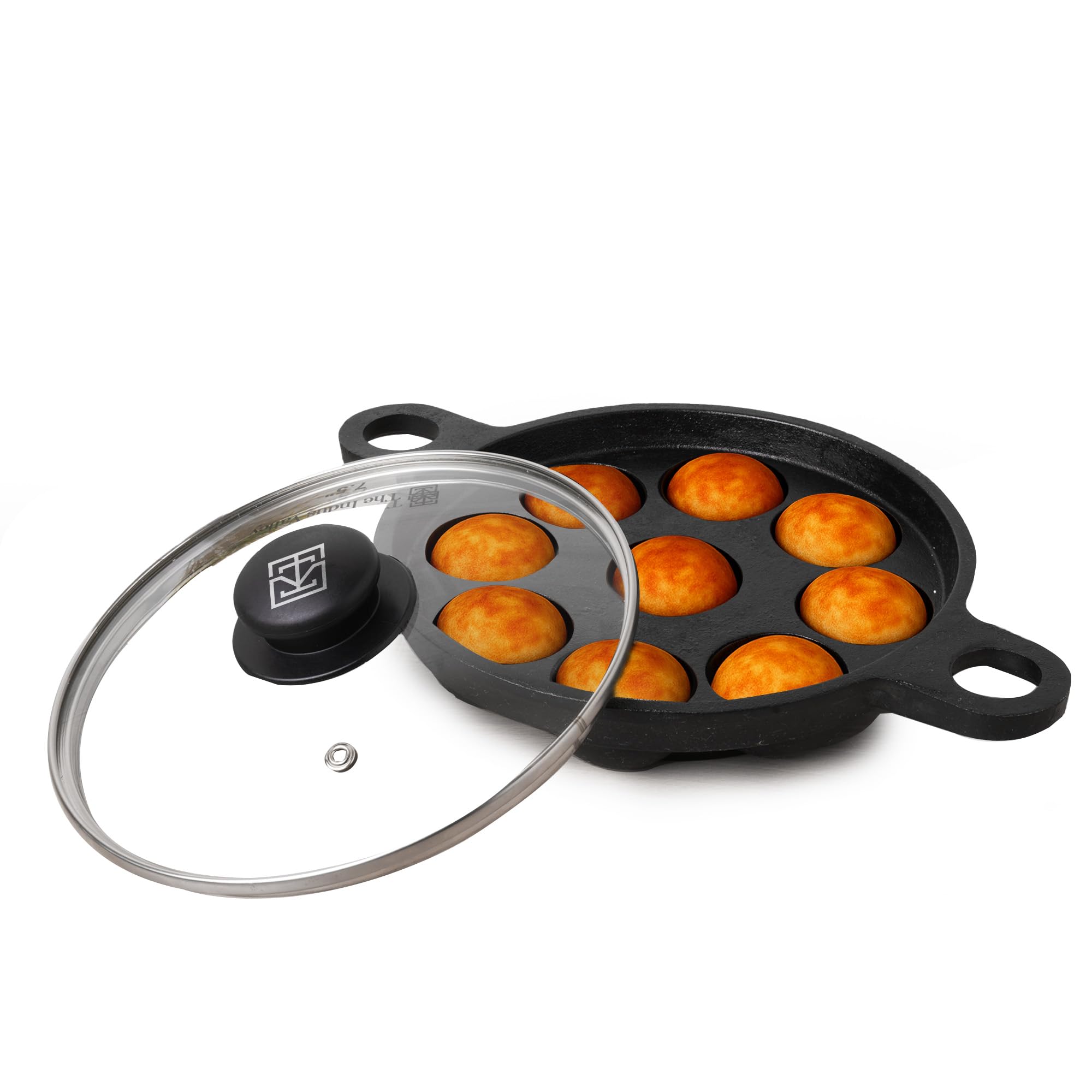 The Indus Valley Super Smooth Cast Iron Paniyaram Pan with Glass Lid | 9 Pit, 20.8cm/8.2inch, 2.7kg, Gas Compatible | Pre-Seasoned, 100% Toxin-Free, Naturally Non-Stick, Long Lasting