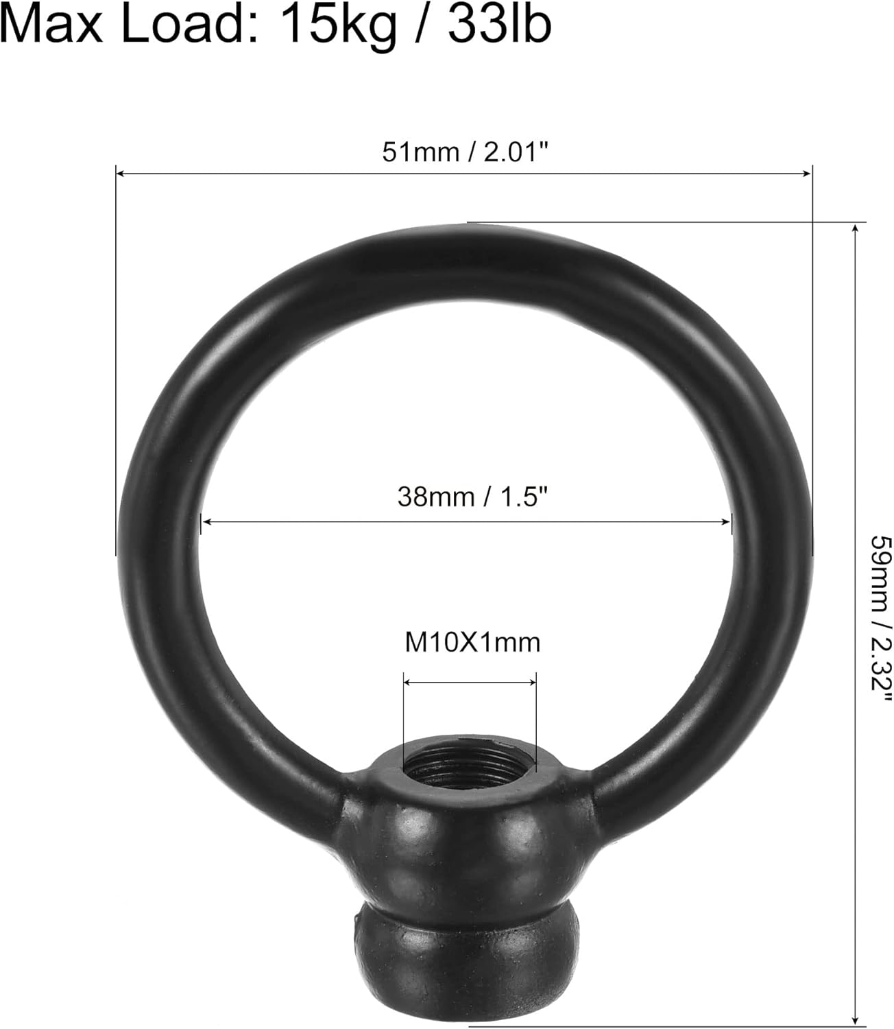 Generic Eye Nut 15kg Max Load 51x59mm M10 Thread Ring Shape Female Loop for Hanging Lamp Chandelier, Black Pack of 2