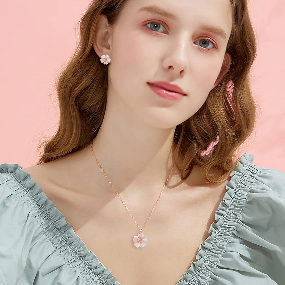 Parure bijoux Sakura délicate collier & boucles d'oreilles cristal œil de chat 4 feuilles & boucles tige trèfle 4 feuilles - Fleur cerisier rose