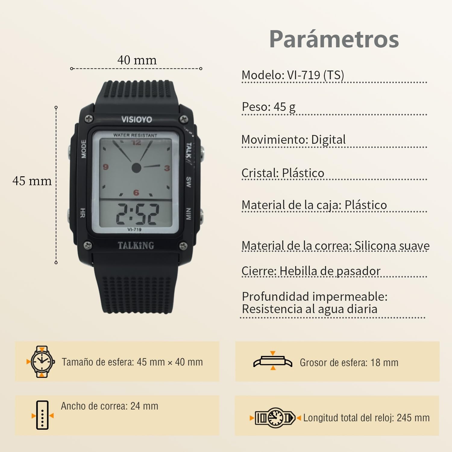 Reloj parlante rectangular analógico digital con alarma, anuncio de voz en español para ancianos ciegos con discapacidad visual VI-719-TS, Negro