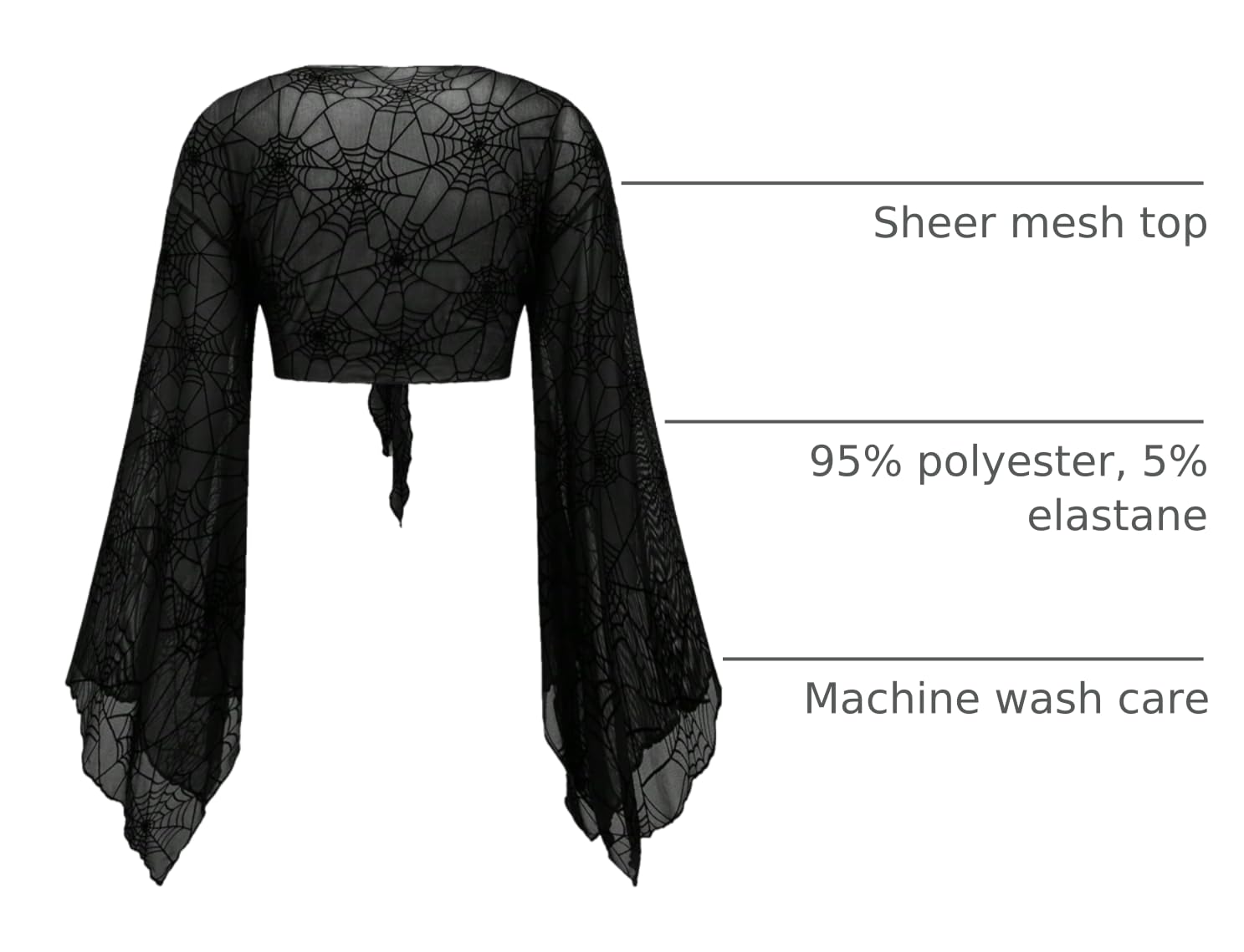 Verdusa Women's Plus Size Goth Tie Front Bell Long Sleeve Mesh Blouse Grunge Crop Top Gothic Clothes Rave Outfits: X-Large Plus Black Web