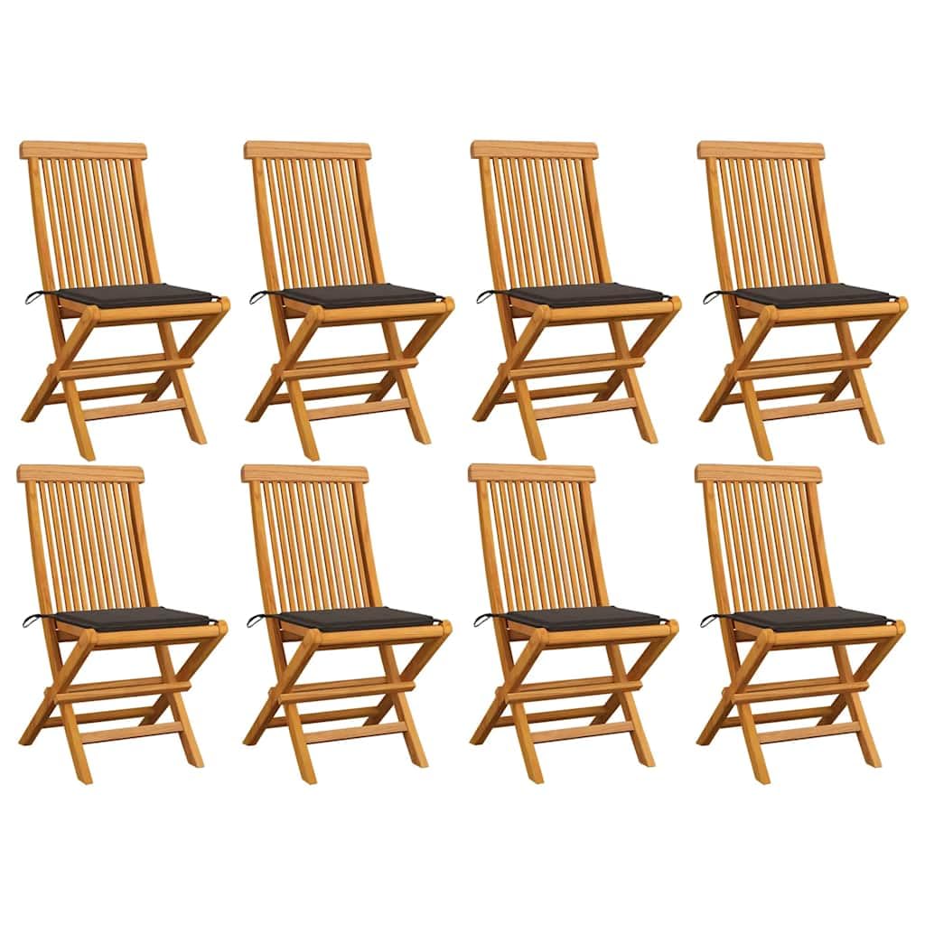 Sillas de jardín plegables de madera de teca con cojines de color topo, 8 unidades, madera maciza, sillas de comedor de jardín, sillas plegables de madera para exteriores, comodidad de asiento