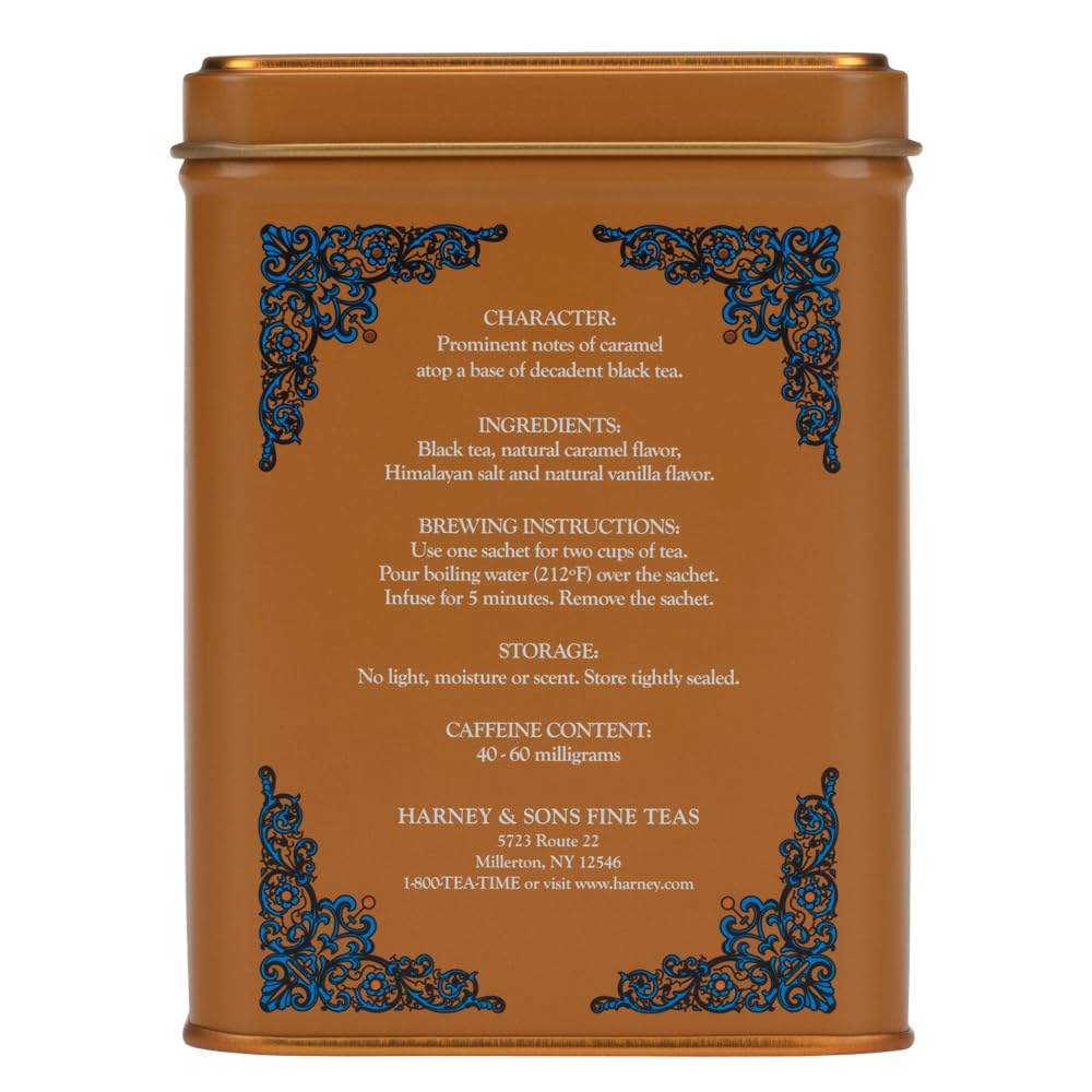 Harney & Sons Salted Caramel Tea, 20 Stück Beuteldose | Schwarzer Tee, gesalzenes Karamellgeschmack, ein Hauch von Himalaya-Salz, koffeinhaltig