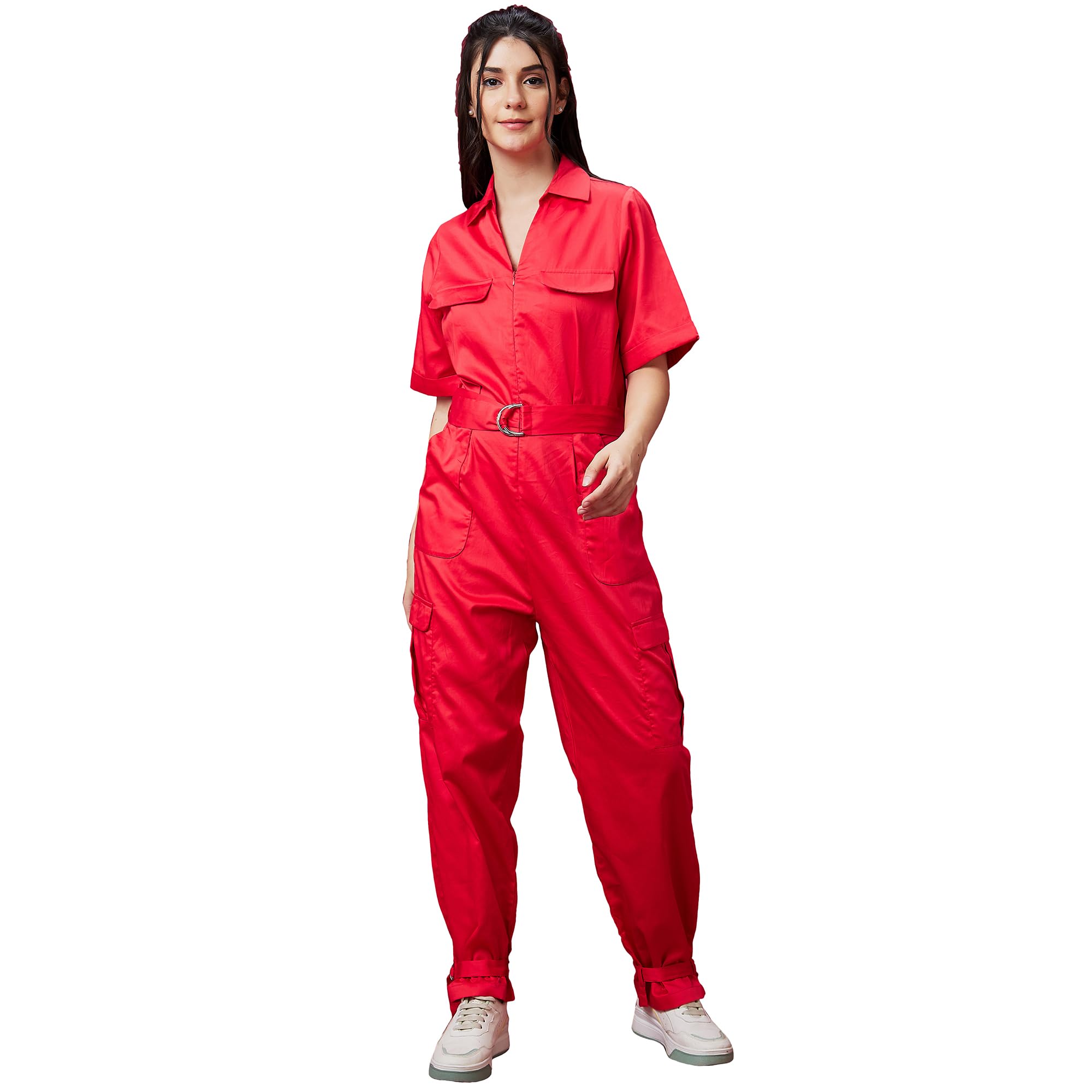 Women Solid Shirt Collar Waist Tie Up Casual Boiler Jumpsuit-image-16