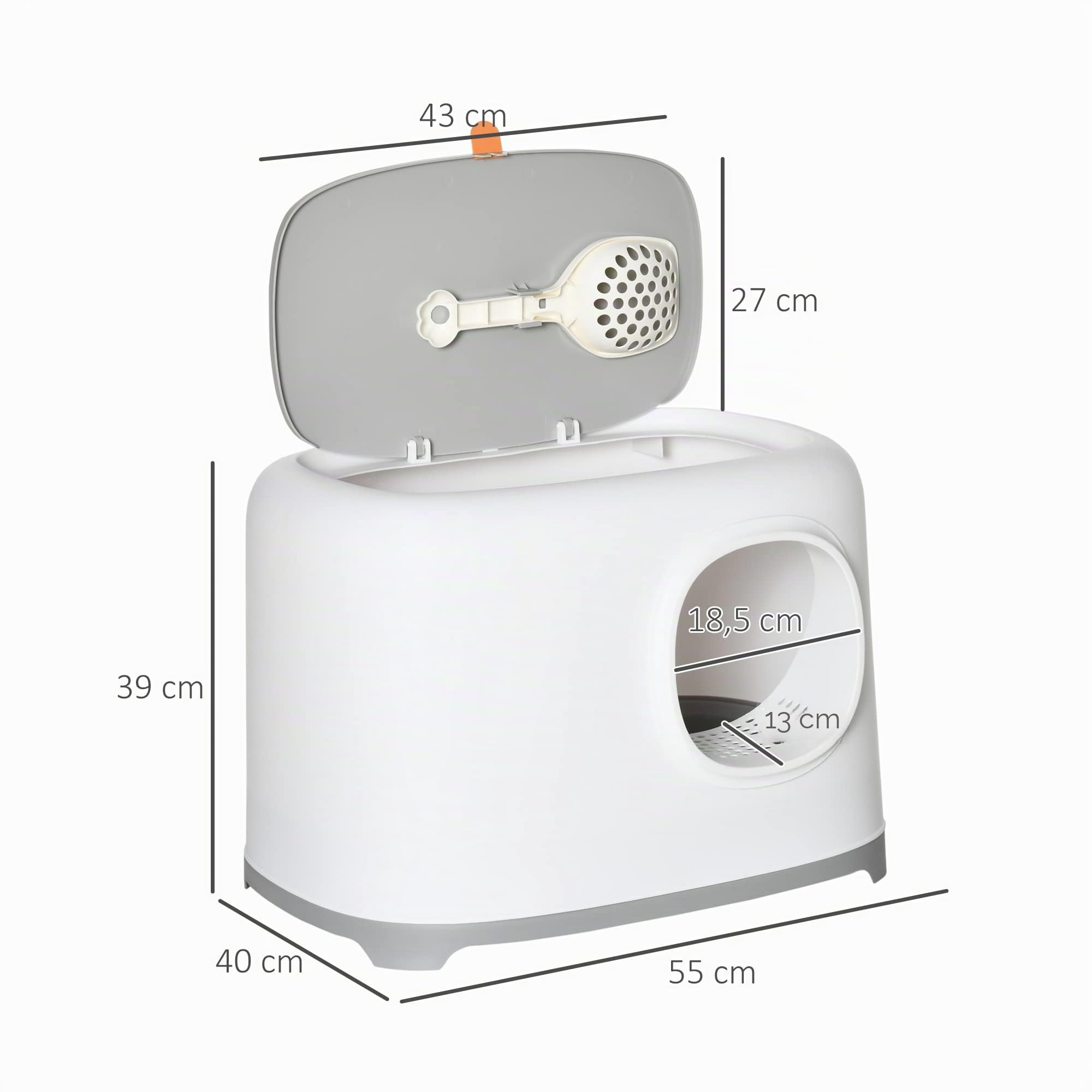 PawHut Caja de Arena para Gatos Arenero Cerrado para Gatos con Techo Abatible Orificio de Entrada Bandeja Extraíble y Pala Incluida 55x40x39 cm Blanco