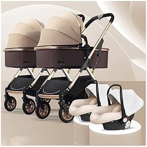 YDoo Doppel-Kinderwagen nebeneinander, Tandem für Säuglinge und Kleinkinder, Faltbarer Hochlandschafts-Stoßdämpfungs-Regenschirm, Zwillings-Kinderwagen, mit Verstellbarer Rückenlehne, Zubehör, Br