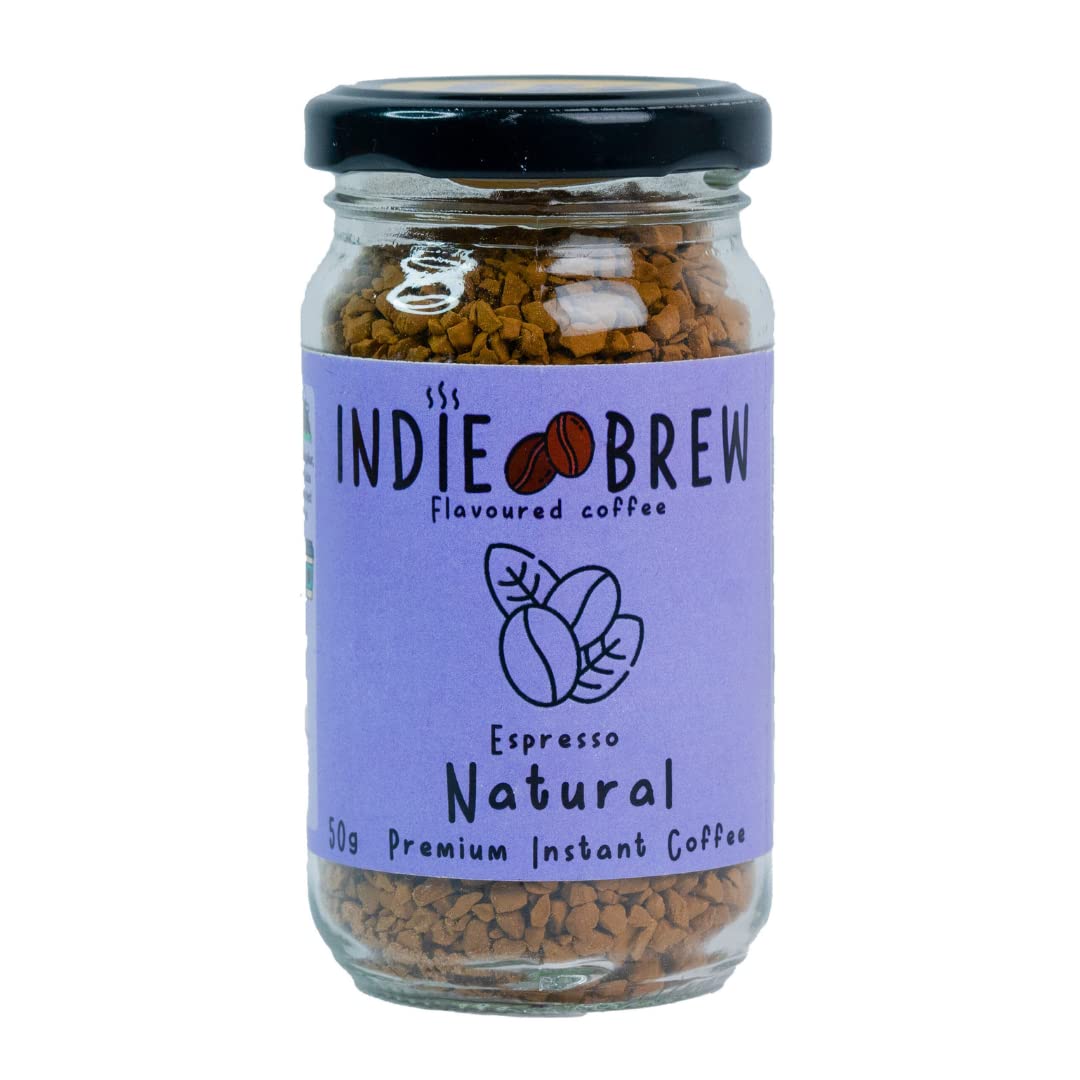 Indie Brew Natural Espresso instant coffee powder, arabica coffee, Freeze dried flavoured coffee, No added sugar, Low calorie, Black Coffee to stay energetic | Coffee 50g | Makes 25 bold cups