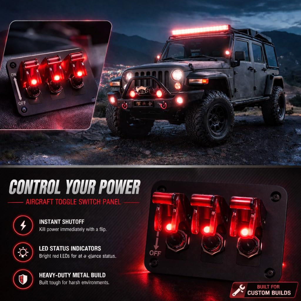 MGI SpeedWare 3-Gang Toggle Switch Panel with LED & Safety Flip Covers – Heavy-Duty SPST Rocker Switch Plate for 12V Car, Truck, Boat, RV & UTV (Red)