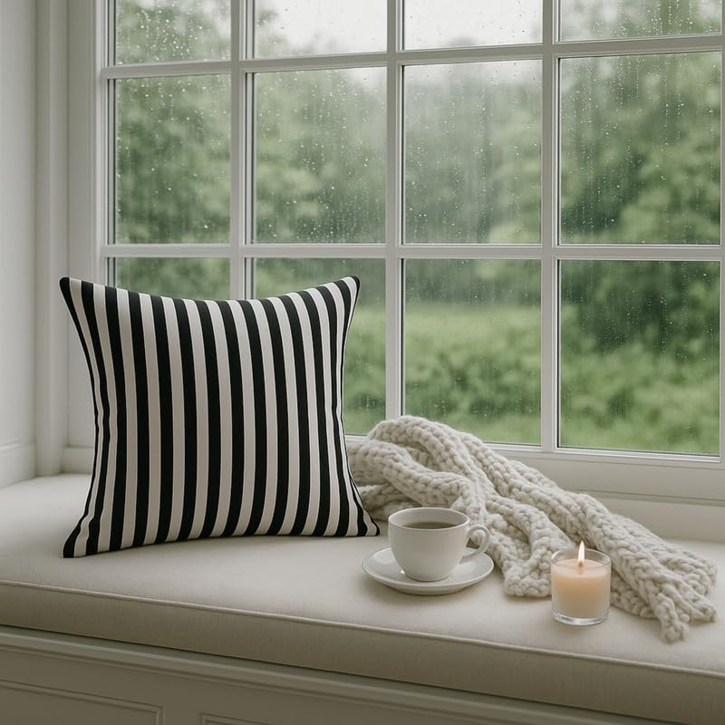 Image of WWW.THROWPILLOW.IN Black and White Striped Cushion Cover, Premium Decor Fabric, Smooth Black and White Pattern, Modern Cushion, Minimalist Sofa Accent Pillowcase Square Sofa Cushion 16x16 Inches