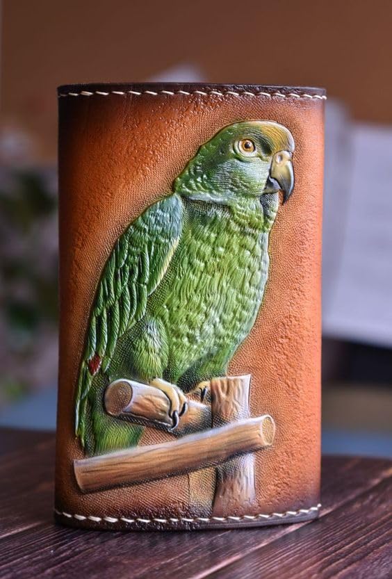 Bird, Parrot, Sparrow, Macaws, Kingfisher, Parakeets, Men's 3D Genuine Leather Wallet, Trifold Wallet, Card Holder, Handmade wallet, Carved wallet, Tooled wallet, Airbrush Art3