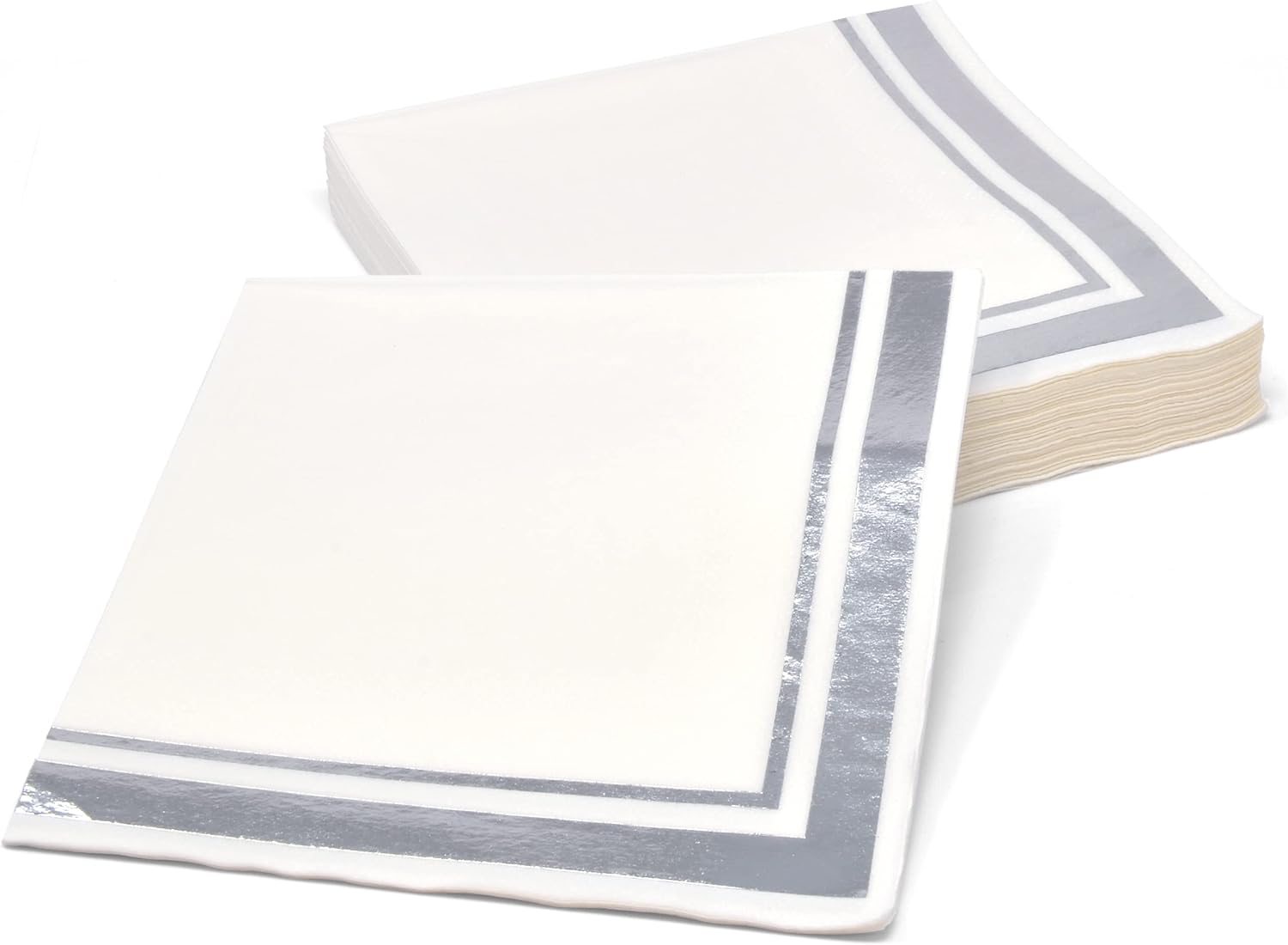 Gift Boutique 120 Silver & White Cocktail Napkins 3 Ply Beverage Silver Foil Trim Stripe Disposable Dessert Napkin for Dinner Wedding Holiday (Pack of 2)
