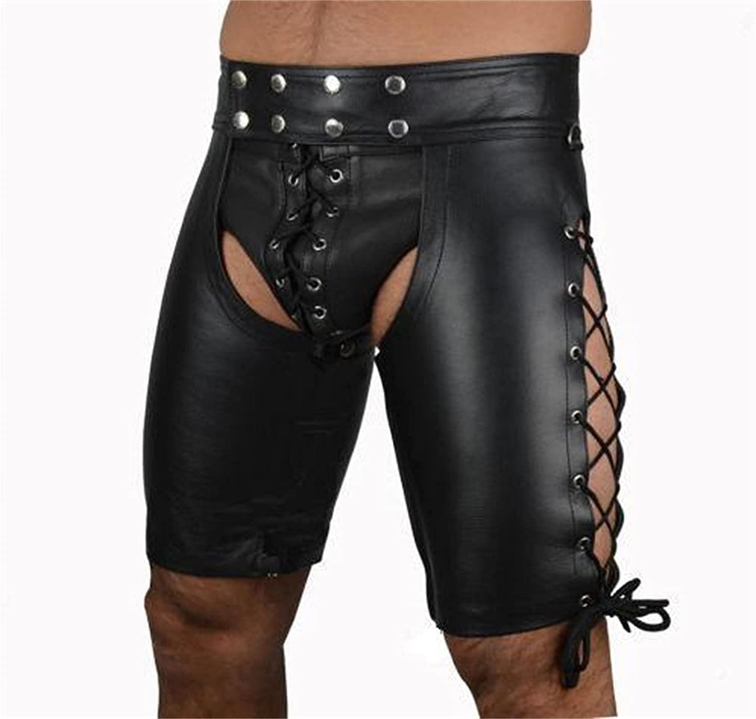 Sexy Men's Shorts Latex Catsuit PU Mesh Stitching Leather Pants Nightclub Showwear Open File Patent Tights Clubwear