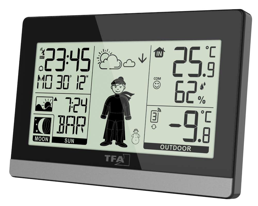 TFA Dostmann Stazione meteo radio Weather Boy, 35.1159, temperatura esterna/interna, previsioni meteo, fase lunare/sole e tramonti (nero con batterie)