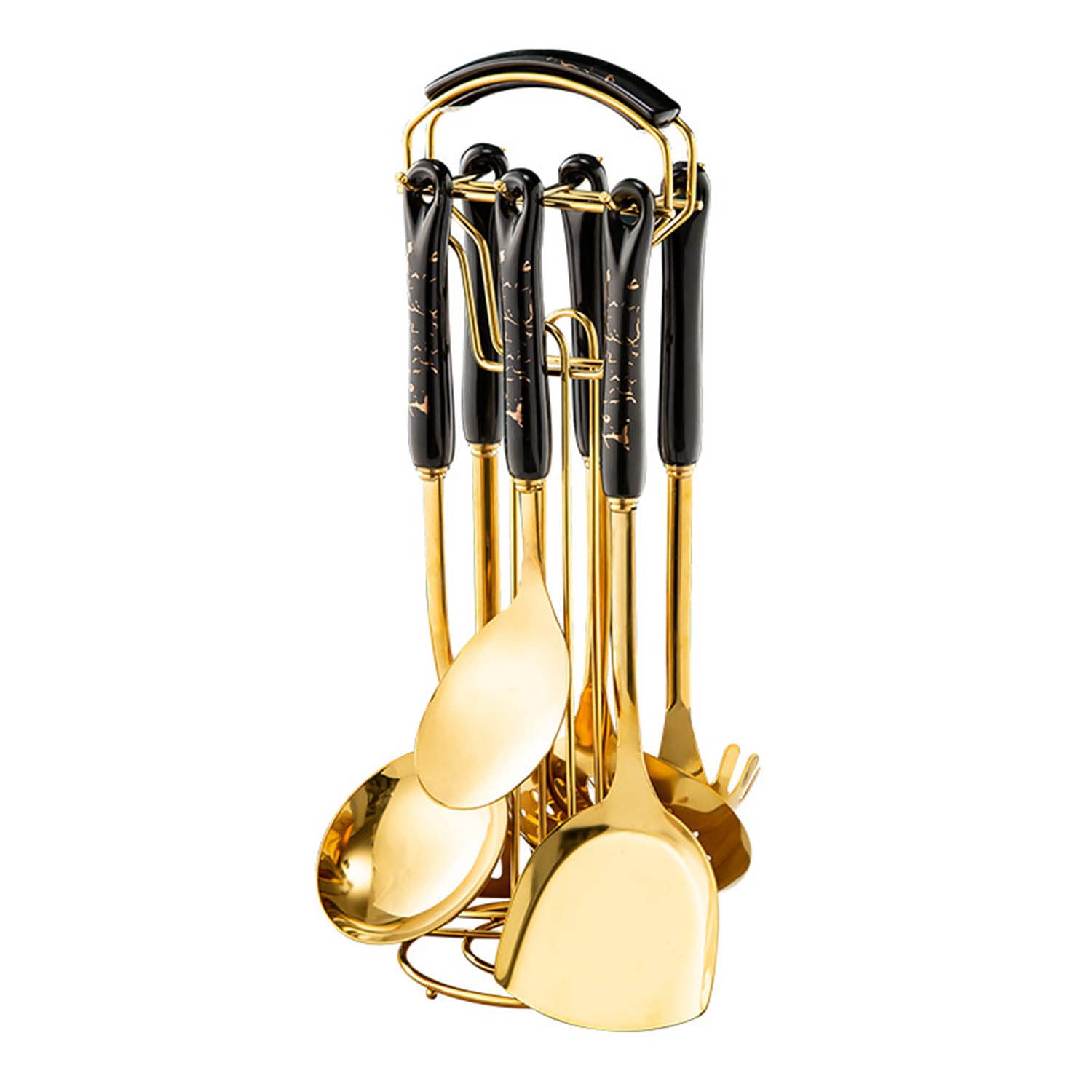 MRKU Ensemble d'ustensiles de Luxe 7 pièces en Acier Inoxydable, Manche en céramique avec Support, spatule, spatule ajourée, louche, cuillère de Service, Pelle à pâtes