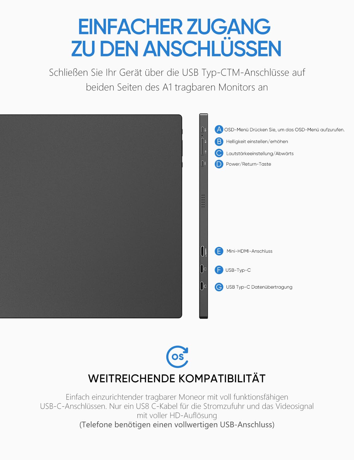 ARZOPA Tragbarer Monitor 15,6" FHD IPS Portabler Monitor für Laptop USB C HDMI A1