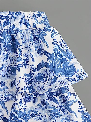 Image of WDIRARA Girl's 2 Piece Summer Outfits Sets Floral Print Textured Ribbed Knit Halter Cami Top & Tiered Layer Skirt Sets