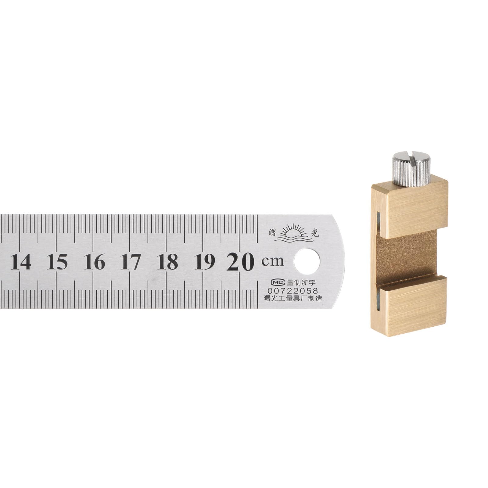 sourcing map 2 in 1 Stainless Steel Ruler with Scriber Block 20cm/8" Metric and Inch Metal Ruler with 27mm Length Brass Locating Vernier Slider for Woodworking DIY Measuring, Gold Tone