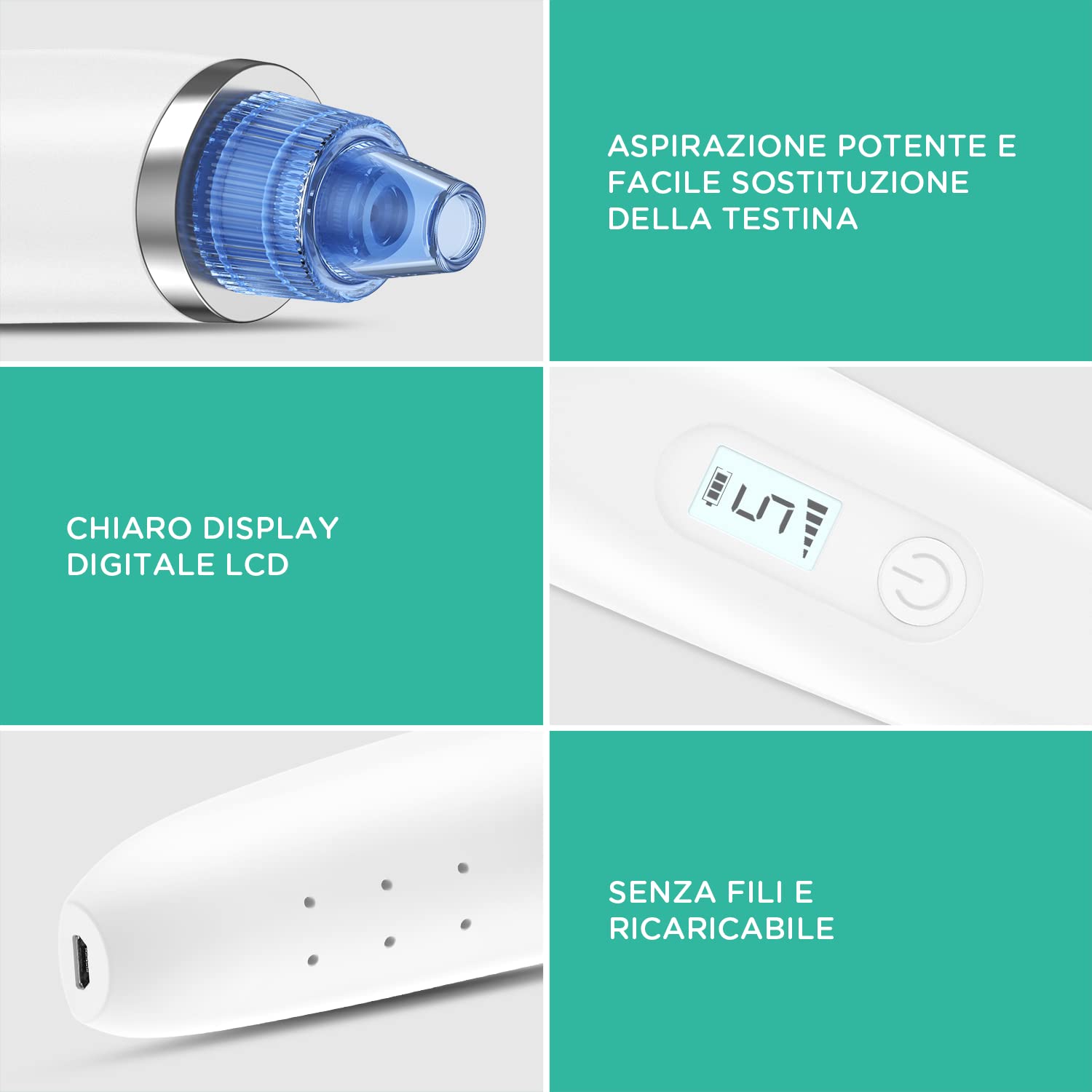 VOYOR Aspirapolvere punto nero professionale 6 in 1 estrattore di punti nero elettrico pneumatico comedoni acne detergente per pori cura viso donna, 6 sonde e 5 modalità, ricaricabile con display LCD