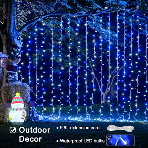 Image of JMEXSUSS 300LED Christmas Curtain Lights Plug in, Blue and White, 9.8x9.8ft