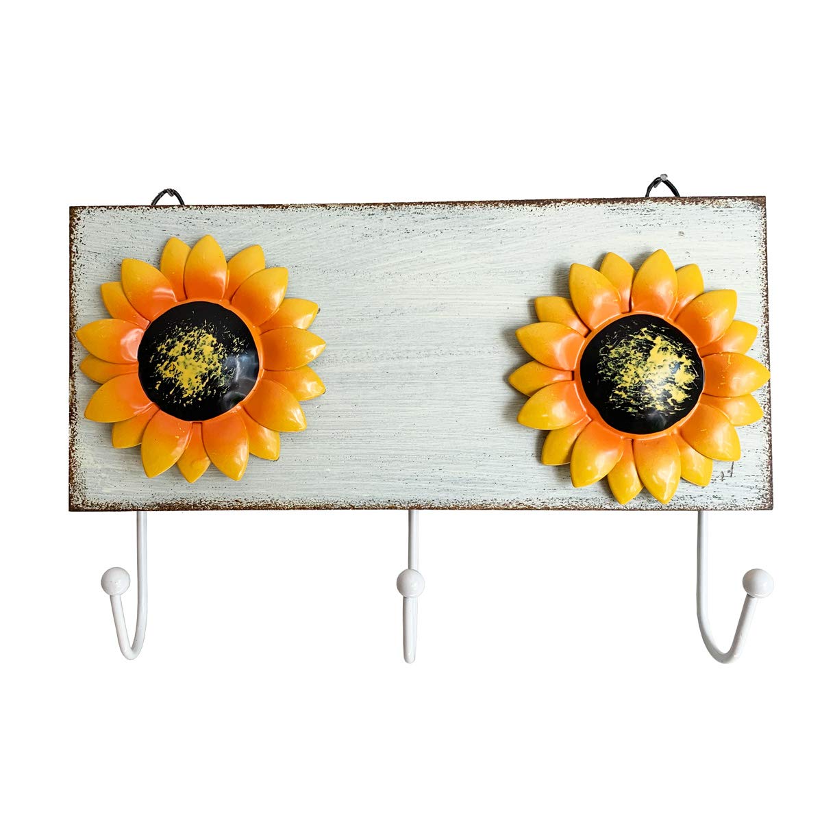 YUMBOR Rustic Wooden Sunflower Wall Hook Keys Aprons Towel Hanger Kitchen Wall Decor Flower Wall Holder Countryside Farmhouse Wall Decoration for Home Kitchen Entryway Office-(White)