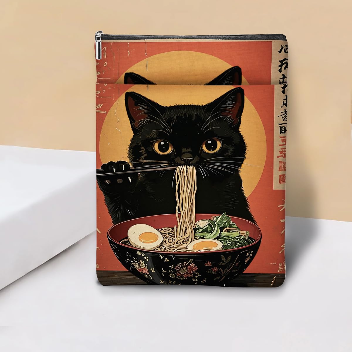 Japanese Kimono Cat Ocean Book Sleeve, Book Lovers Gifts Sleeve with Zipper & Front Pocket, 11.5x8.8 Inch Canvas Books Cover Protector Bookish Cat Lover Gifts for Readers Women Friend Birthday Gift — view 18