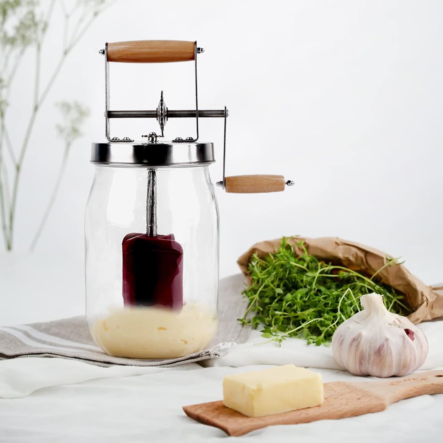 Manual Butter Churner, 1L/1.5L Hand Crank Butter Maker Food Mixer, Glass, Silicone for Home, Kitchen, Baking, Homemade Butter (1500ml)