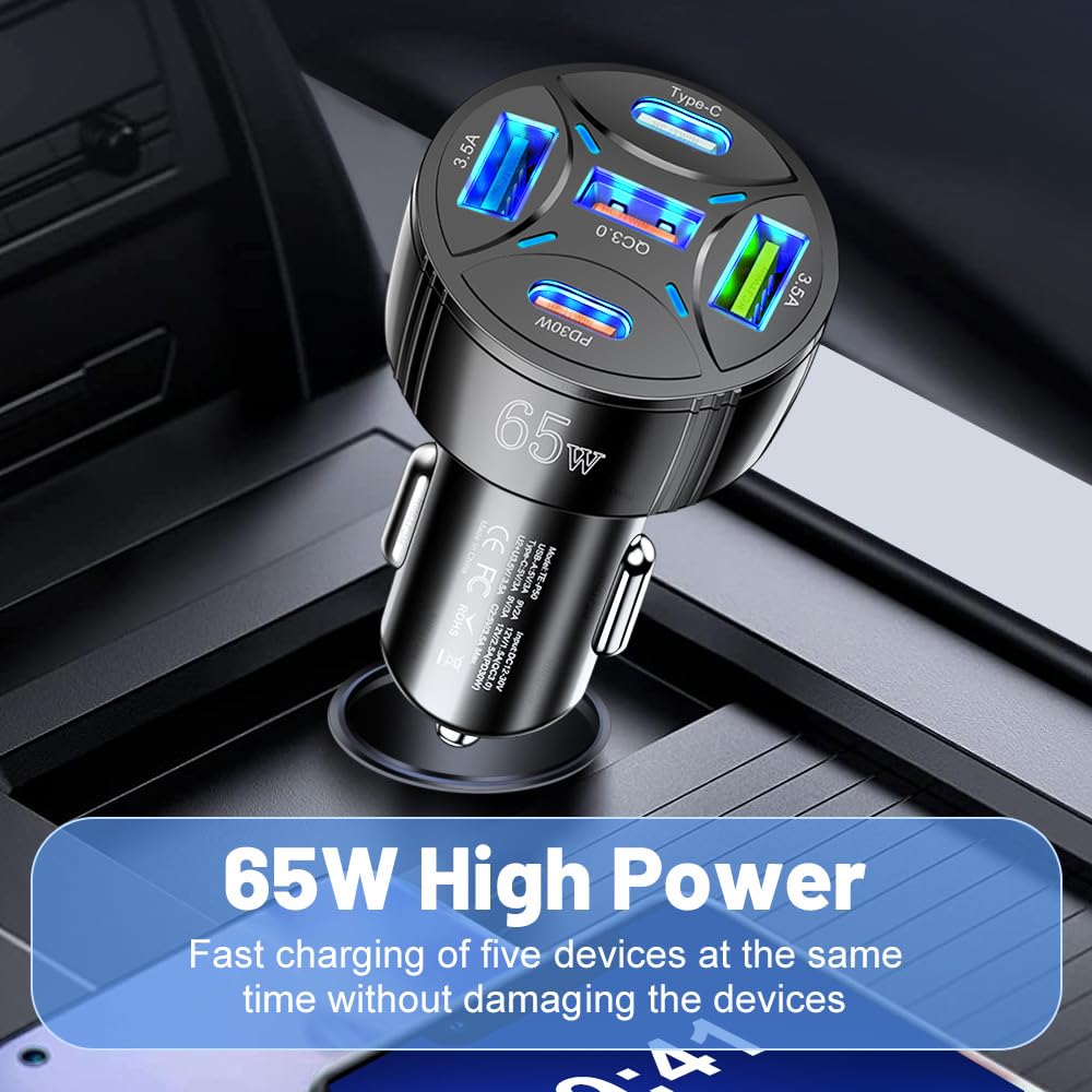 Cargador USB C de coche de 65 W 5 en 1 multipuerto PD30W y QC3.0 de carga ultra rápida, cargador USB para iPhone/Android/Samsung/iPad Pro y más (negro)