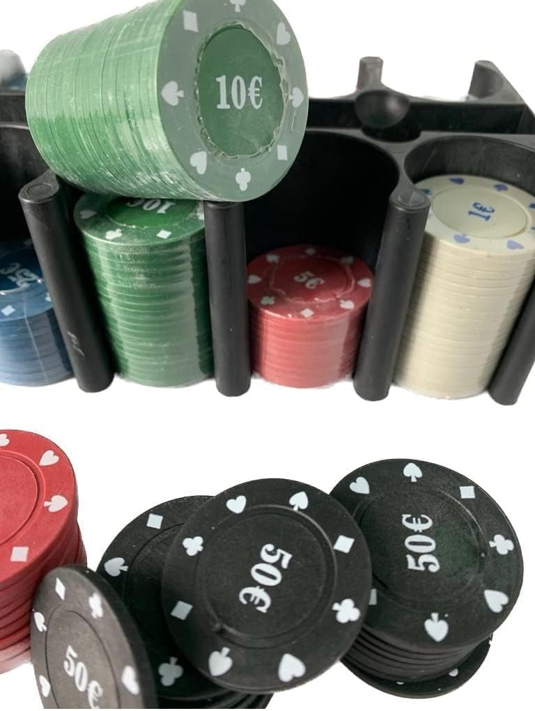 Generico Set da Poker da 200 Fiches, Set da Texas Holdem e Black Jack, Set di Fiches da poker con Tappetino Carte da gioco Porta Fiches, Bottoni Dealer Buio, Set in Scatola di Latta