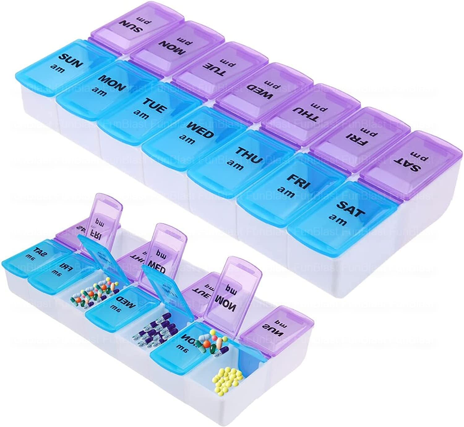 FunBlast Pill Box for Medicine - Weekly Pill Organizer 2-Times-A-Day, Portable 7 Day Pill Box Case with Separate Compartments to Hold Medication, Vitamins Capsules, Medicine Organizer Box