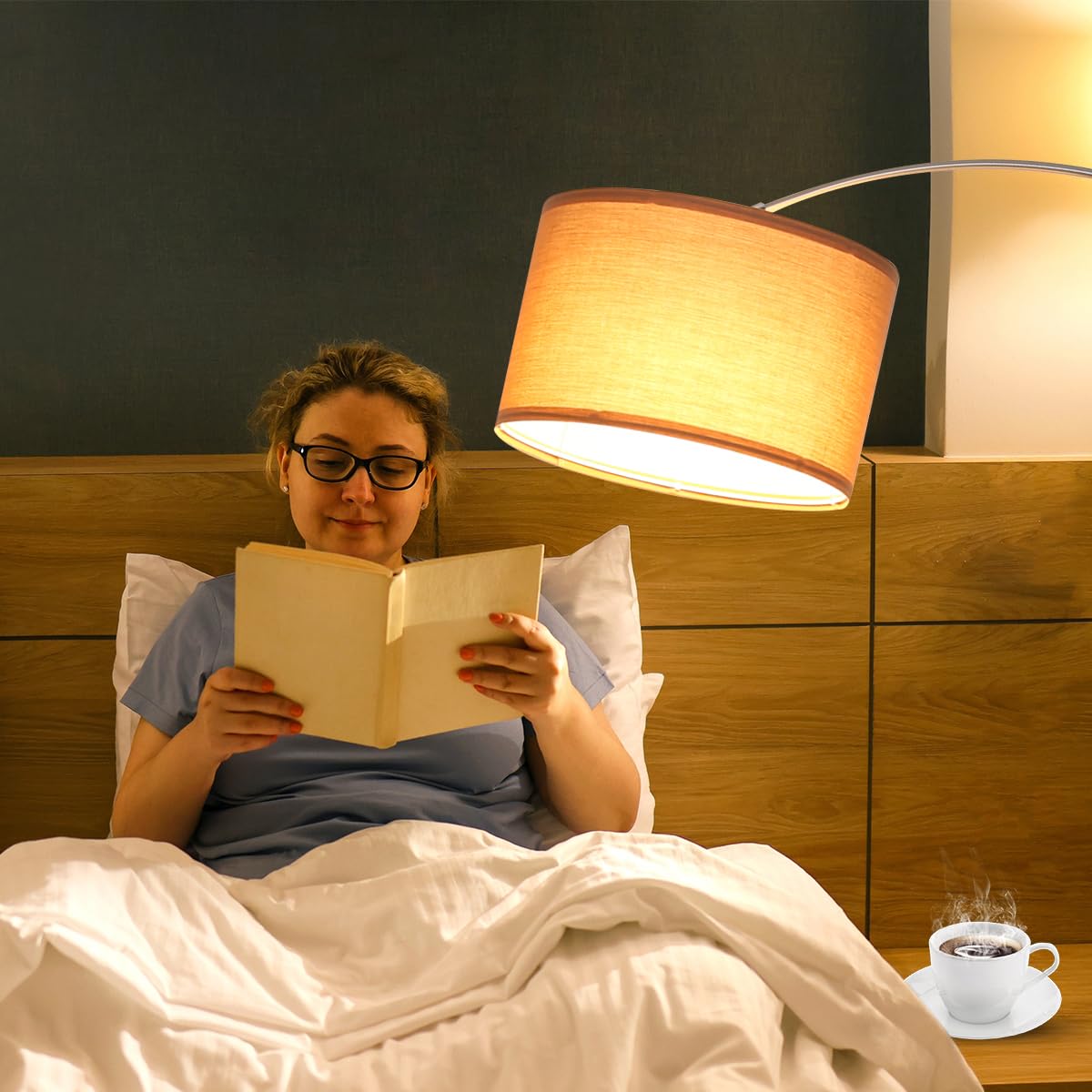 ANTENLICHT LUNA Bogenlampe Wohnzimmer Stehlampe Vintage, Inklusive LED E27 | Standleuchte mit Braunem Stoffschirm I Fußschalter I Bogenleuchte Geeignet Nickel für Schlafzimmer, Hotel