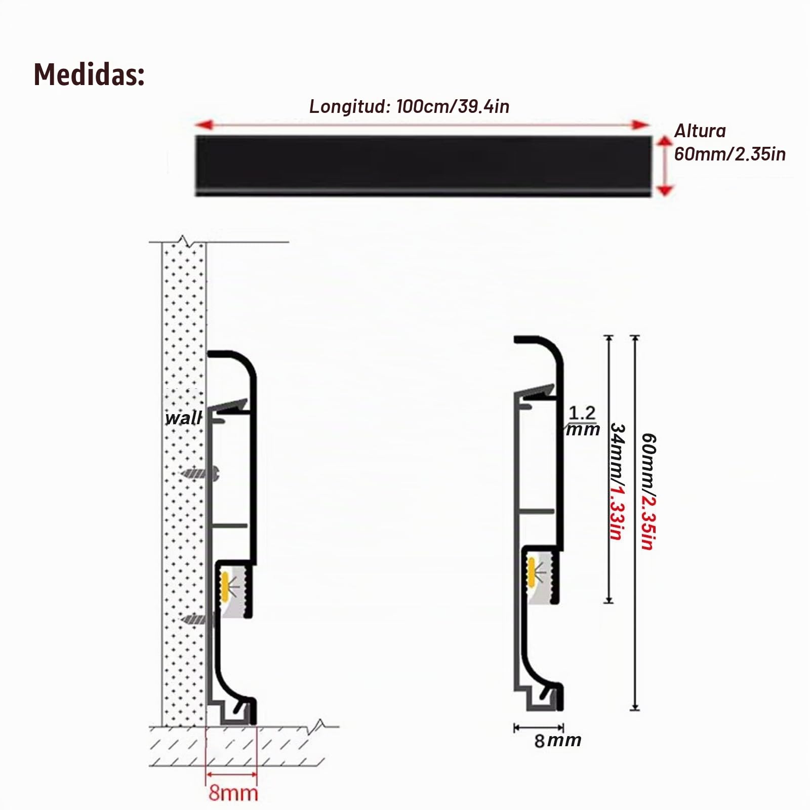 HAIXHX Moldura Iluminacion 10PACK Zócalo o rodapié moderno de aluminio con LED, H 2,35 pulgadas Perfil de zócalo metálico duradero para salón, dormitorio, cocina y comedor(Black)