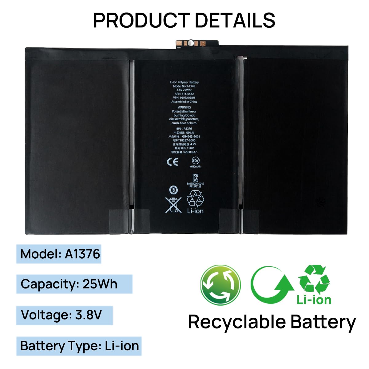 BORSCELLOR A1376 Battery Compatible with iPad 2 2nd Generation (Not for Air 2) A1395 A1396 A1397 3.8V 25Wh Replacement Batteries with Installation Tools