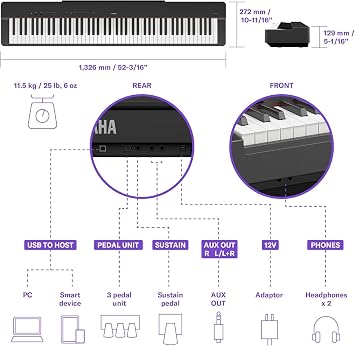 Yamaha P-225 Digital Piano with 88 Graded Hammer Compact Keys and 24 Instrumental Voices, Lightweight and Portable, Black