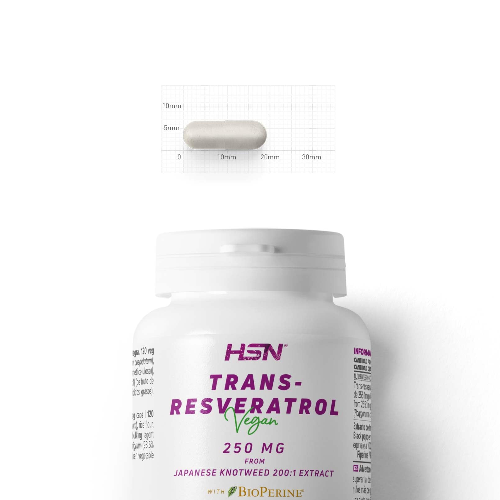 HSN Resveratrol 250mg + BioPerine® | 120 Cápsulas Vegetales | Puro Trans-Resveratrol de Fallopia japonica 200x Veces Más Concentrado | No-GMO, Vegano, Sin Gluten