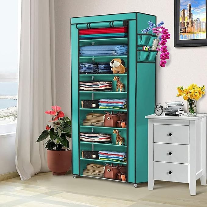 Image of BONTEC Collapsible Wardrobe 6 Shelves Storage Clothes Storage Rack Quick Wardrobe /Cabinet /Multipurpose, Foldable, Collapsible Fabric Organizer for Home Office (FIROZI, 9 Tier Rack)