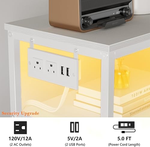 Miniatura 9 de Furnulem Mesita de noche alta con 5 cajones de tela, cómoda blanca para dormitorio con luces LED y estación de carga, mesita de noche vertical para