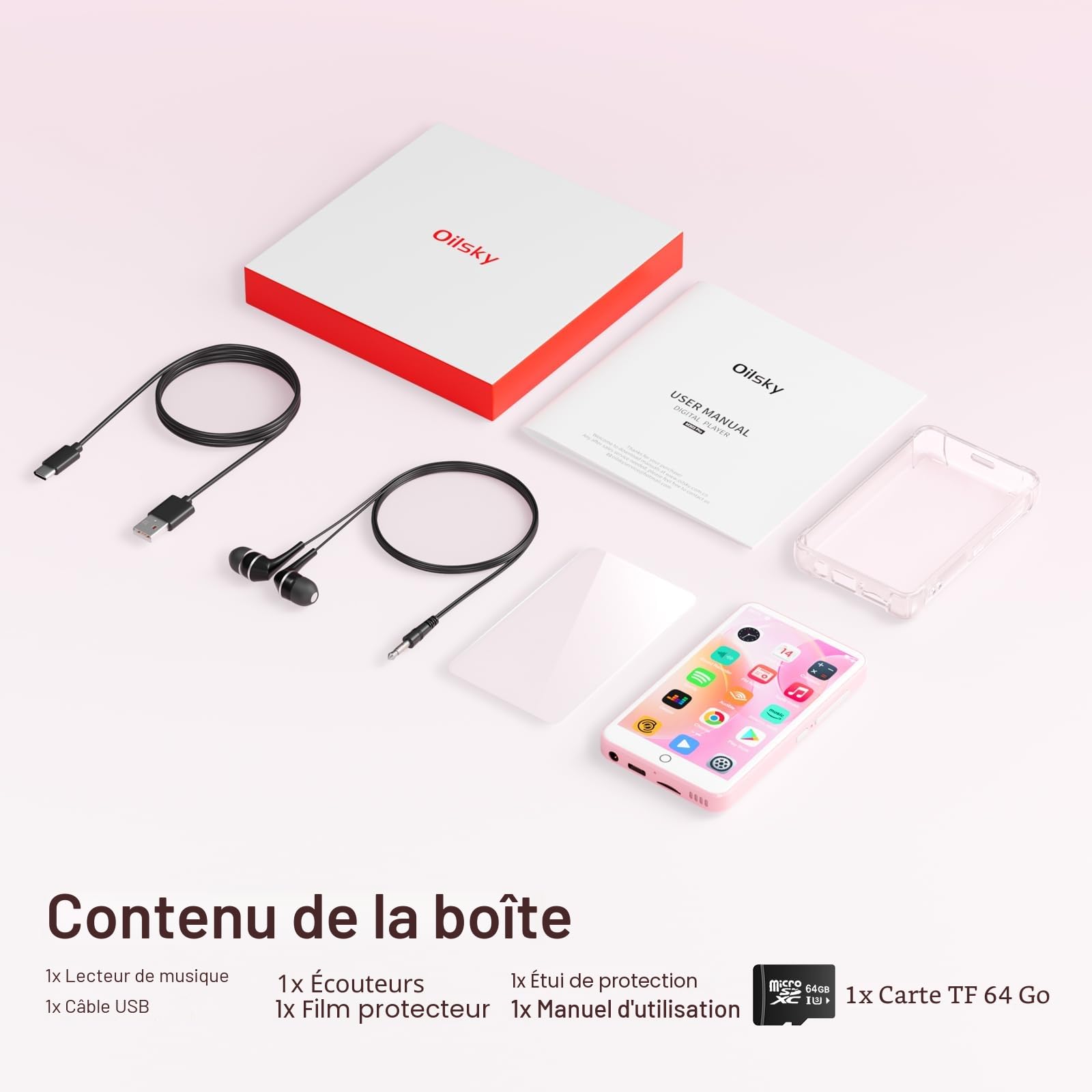 Lecteur MP3 avec Bluetooth et WiFi, Oilsky 80GB 4'' Android 9.0 Lecteur de Musique, MP4 à écran Tactile 1080P, Mp3 Portable avec Spotify, Audible, Deezer (Rose)